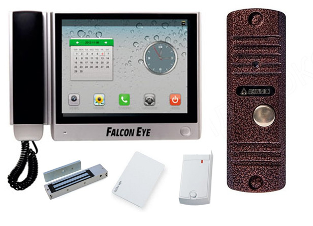 Цветной монитор видеодомофона Falcon FE-100Q с вызывной видеопанелью , электомагнитным замком, считывателем и десятью картами доступа (комплект офис)