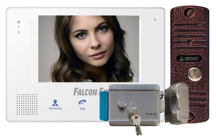 Цветной монитор видеодомофона Falcon FE-IP70M с вызывной видеопанелью и электромеханическим замком (комплект)