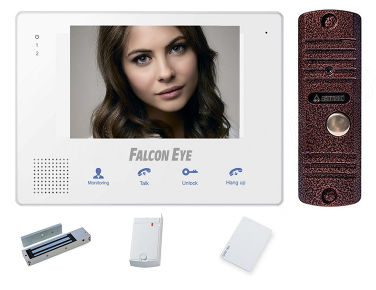 Цветной монитор видеодомофона Falcon FE-IP70M с вызывной видеопанелью , электомагнитным замком, считывателем и десятью картами доступа (комплект офис)